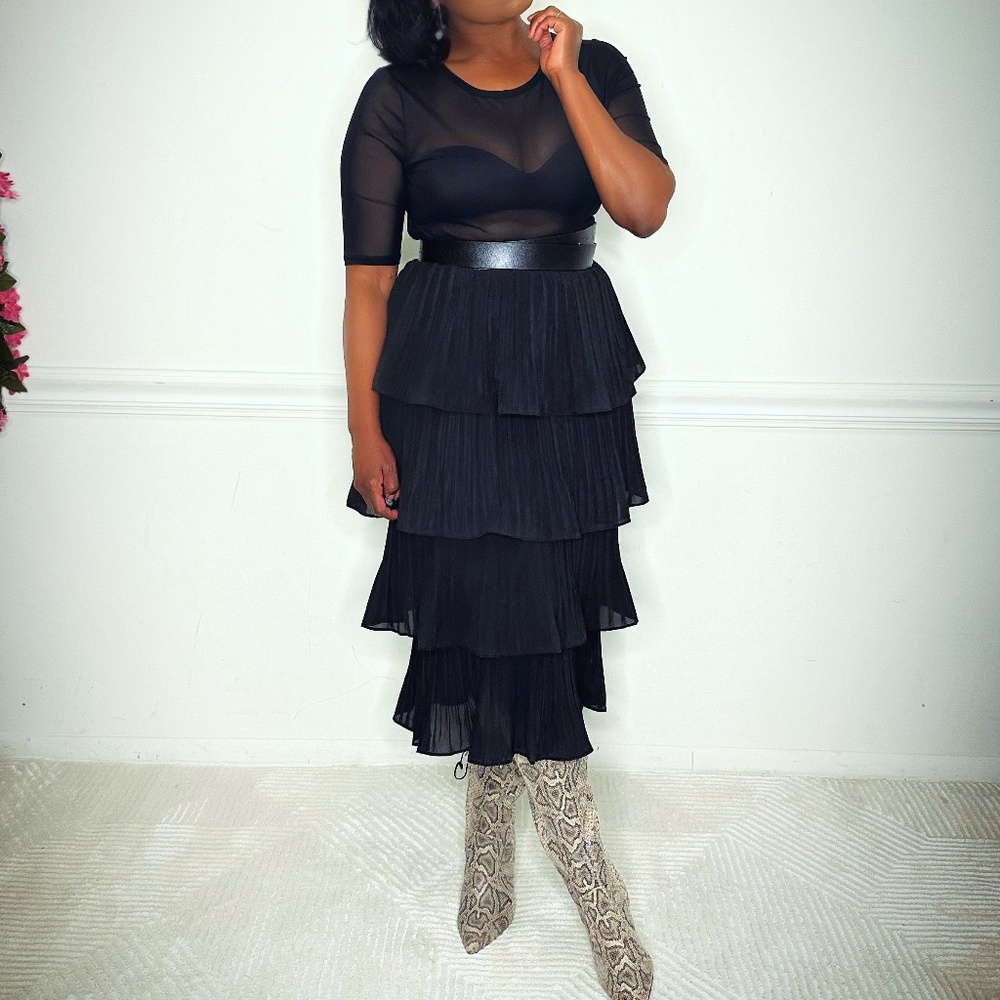Black Tiered Ruffle Midi Skirt